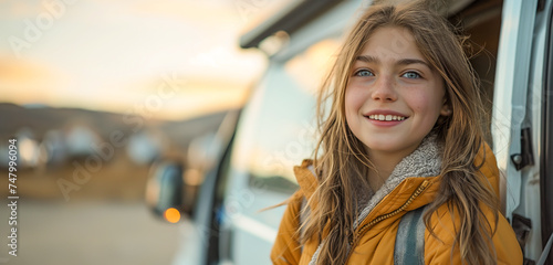 Smiling young teenage girl in a van