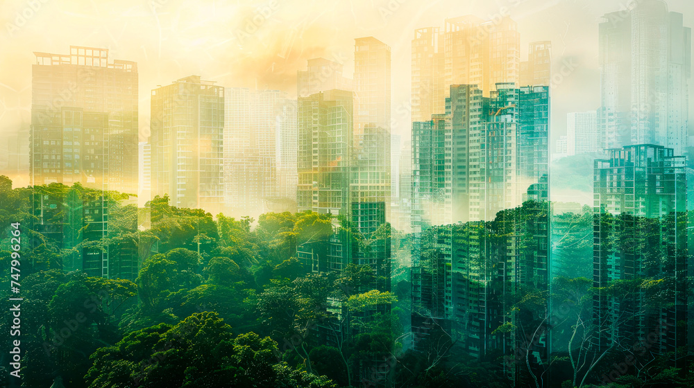 Green environment concept, double exposure of city buildings and green forest lush. Green environment concept, double exposure of city buildings and green forest lush.