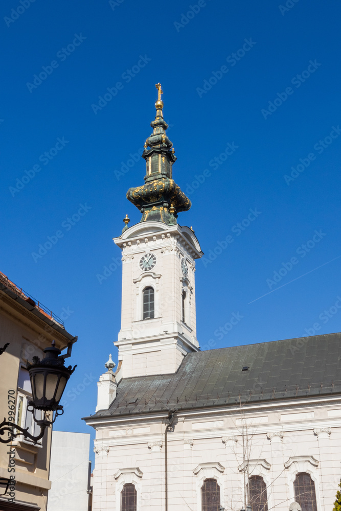 Serbian Orthodox Church of St. George, Novi Sad, Serbia. Clear blue sky, daylight.