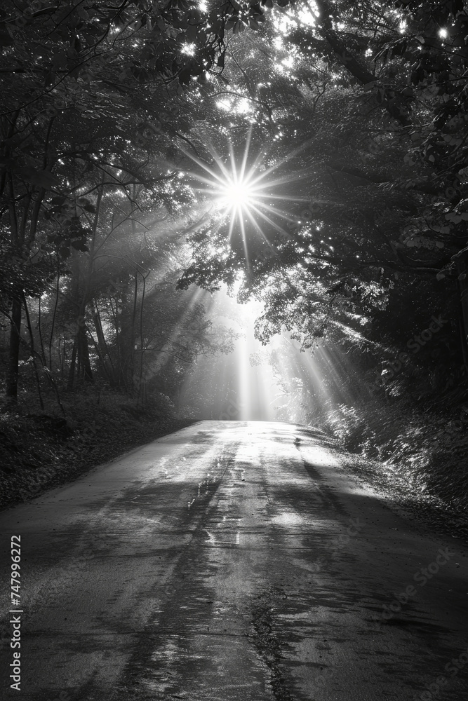 Fototapeta premium Sun with starburst effect on an empty road in a park
