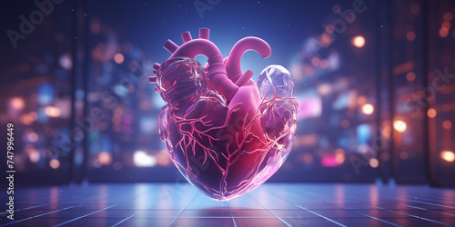 Digital technology background and glowing cyber cyborg heart on computer electronic chip, a human heart covered in blood. Suitable for medical or horror-themed projects #747996449