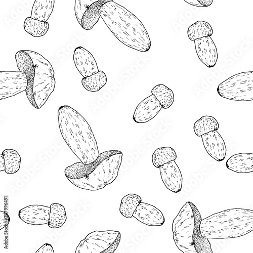 Seamless pattern with porcino or porcini (Boletus edulis), edible mushroom.