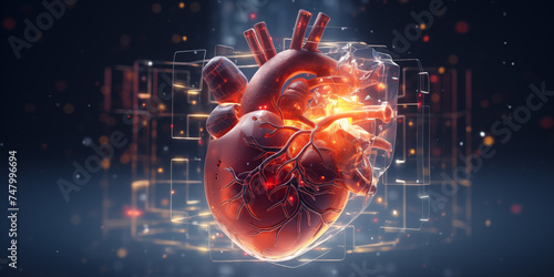 Digital technology background and glowing cyber cyborg heart on computer electronic chip, a human heart covered in blood. Suitable for medical or horror-themed projects