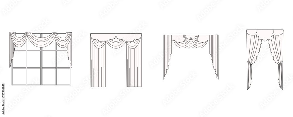 curtains drawn in vector, textile interior design, window decoration - obrazy, fototapety, plakaty 