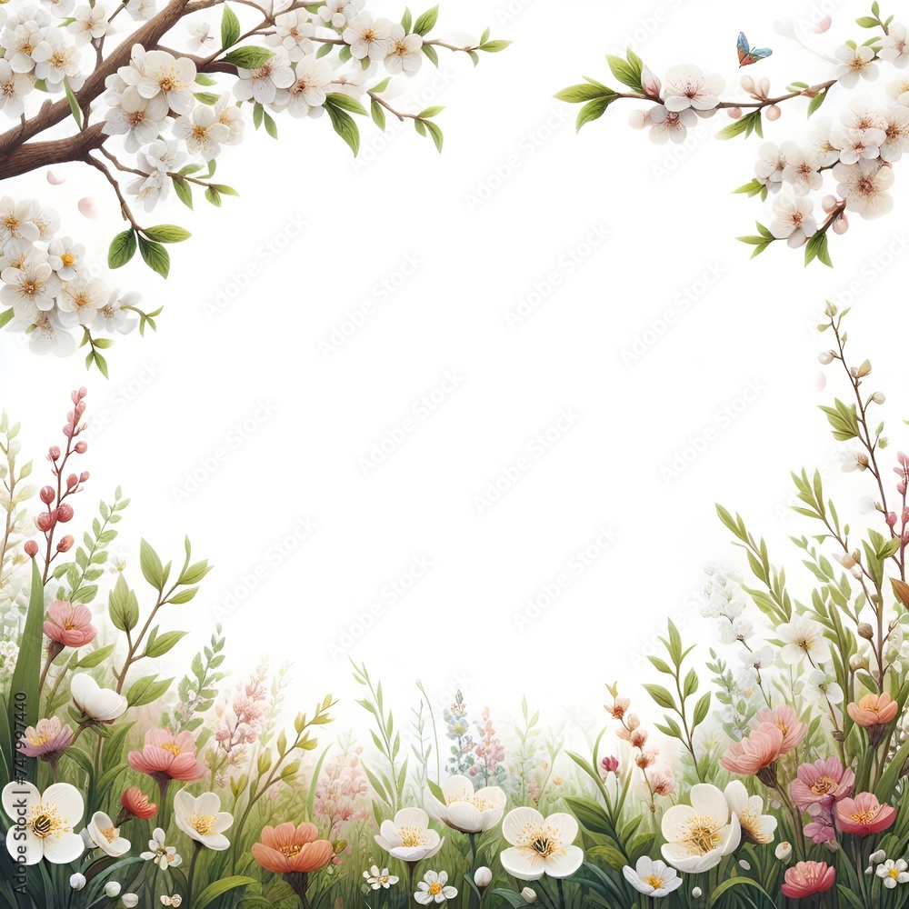 Illustration of a square frame surrounded by spring flowers with an area for writing text or poetry in the center on a white background.
For writing invitations, greetings, or quotes.