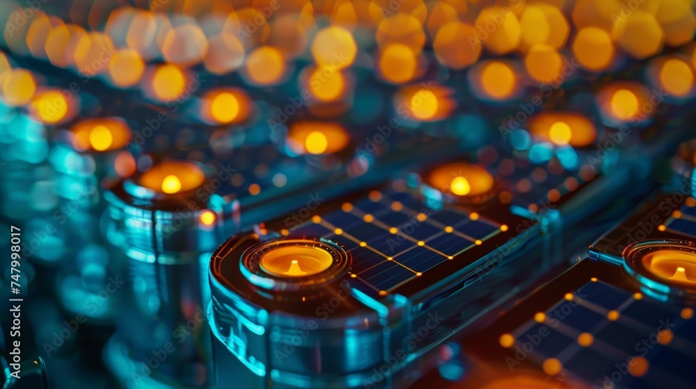 Macro view of high-tech quantum processors with a striking blue and orange bokeh effect, embodying sophisticated technology.