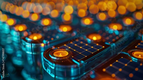 Macro view of high-tech quantum processors with a striking blue and orange bokeh effect, embodying sophisticated technology.