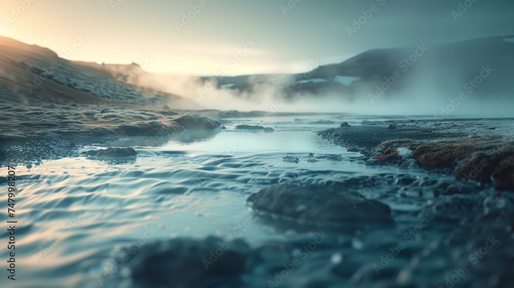 Twilight descends on a serene landscape of geothermal hot springs, with steam rising gently over the warm, mineral-rich waters against a soft blue sky.