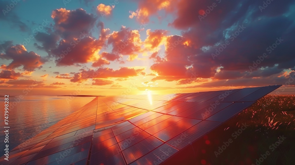 A breathtaking sunset sky with clouds above solar panels installed along a coastal landscape, highlighting renewable energy's harmony with nature.