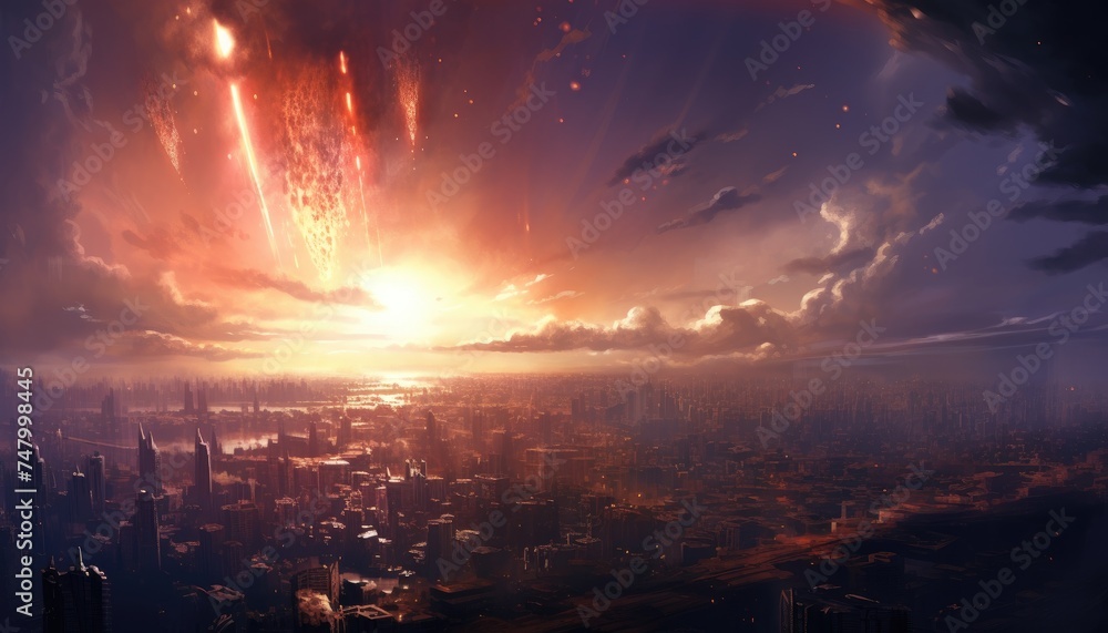 sci-fi scene of the meteorites explodes in the sky sci-fi scene of the meteorites explodes in the sky