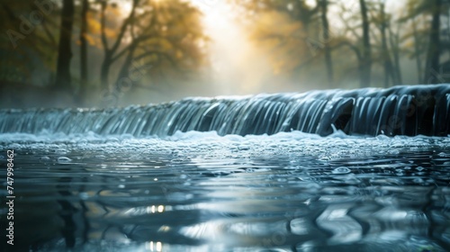 A tranquil forest creek spills over  illuminated by the soft morning light filtering through the trees.