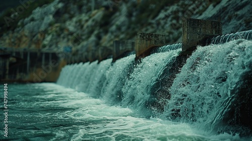 An industrial dam in operation  with torrents of white water gushing over barriers in a controlled release.