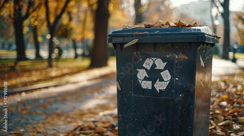 A recycle bin, topped with autumn leaves, stands as a reminder of environmental stewardship in a city park drenched in fall colors.