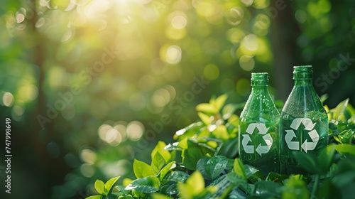 Two green bottles with recycling symbols amidst lush leaves, highlighted by the sun, conveying eco-friendly practices.