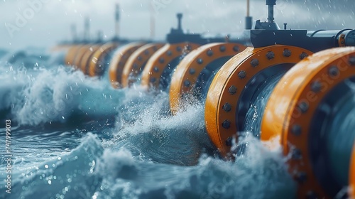Dynamic close-up of wave energy converters in action, with turbulent ocean waters splashing around the high-tech machinery.