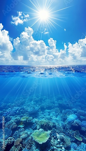 Above and below stunning view of the sea surface and underwater world with clear blue waters