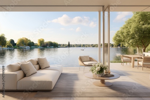 Scandinavian style living room with large windows - 8k studio lighting photoshoot