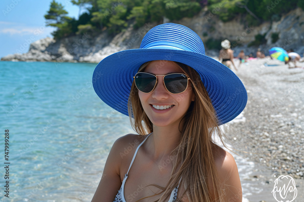 On the sunny beach, a girl wearing a blue hat and sunglasses smiles.