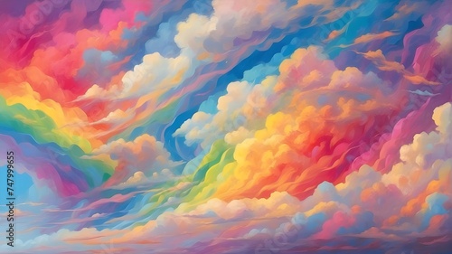 A vibrant rainbow stretches across the sky, its colors blending and dancing with the fluffy white clouds.