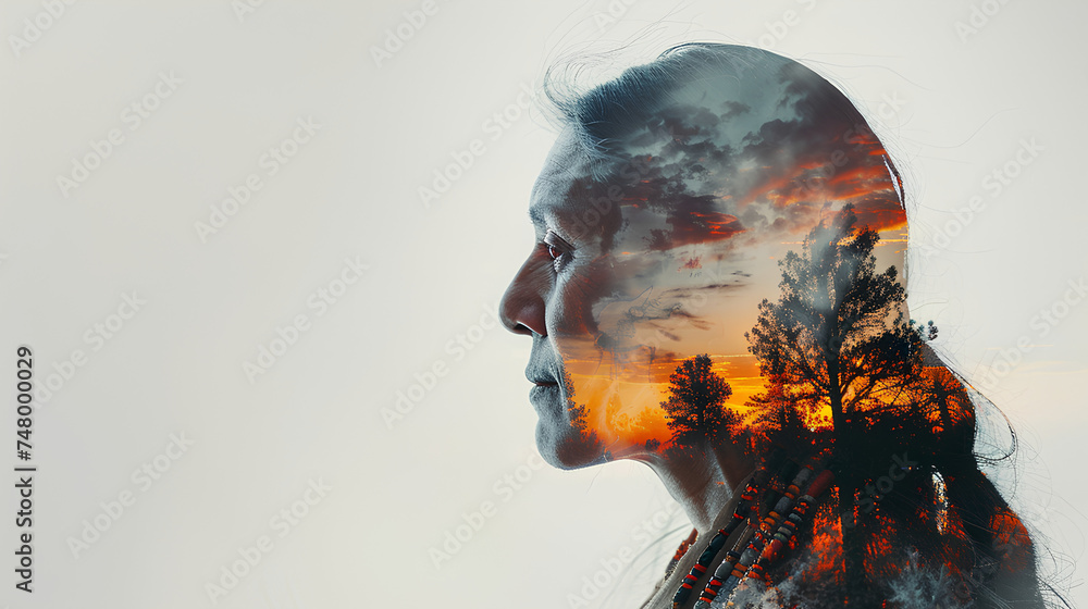 The image of the Maya Indian in profile, double exposure. - obrazy, fototapety, plakaty 