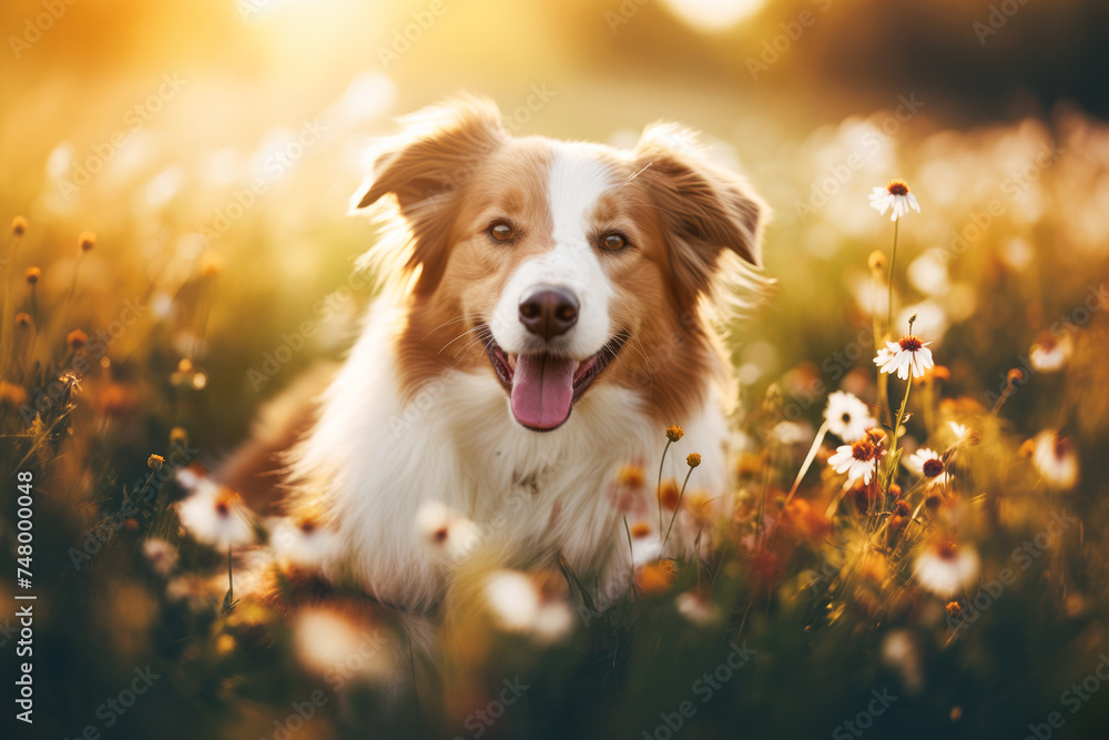 Φωτογραφία In a lush meadow filled with colorful flowers, a cute dog puppy poses for a portrait, its playful and adorable nature captured against the backdrop of nature's beauty