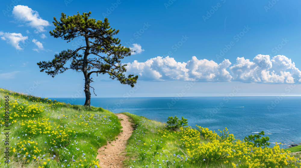 Spring landscape with Lonely pine tree on pedest