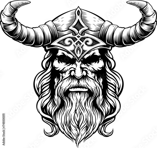 A Viking warrior or barbarian gladiator man mascot face looking strong wearing a helmet. In a retro vintage woodcut style.