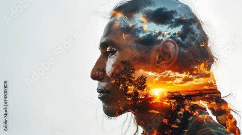 The image of the Maya Indian in profile, double exposure.