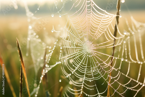 A spiderweb glistens with morning dew, its intricate pattern illuminated by the soft light of the sunrise, creating a mesmerizing macro view of nature's beauty.