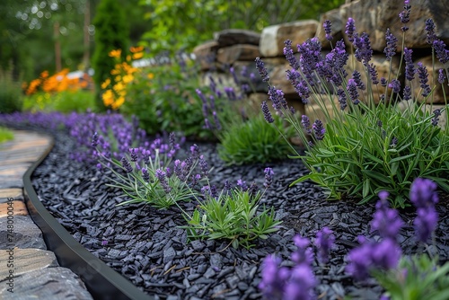 Lavender bed with garden border made of matte black aluminum and a big space for text or product, Generative AI.