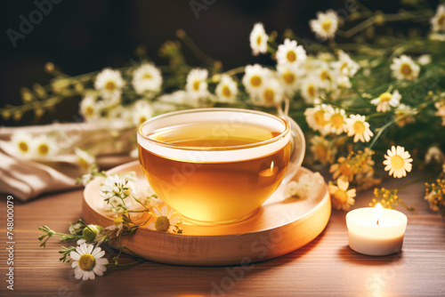 Against a backdrop of blooming chamomile flowers, a teacup brims with the herbal beverage, its antioxidant properties and natural remedy qualities making it a popular choice