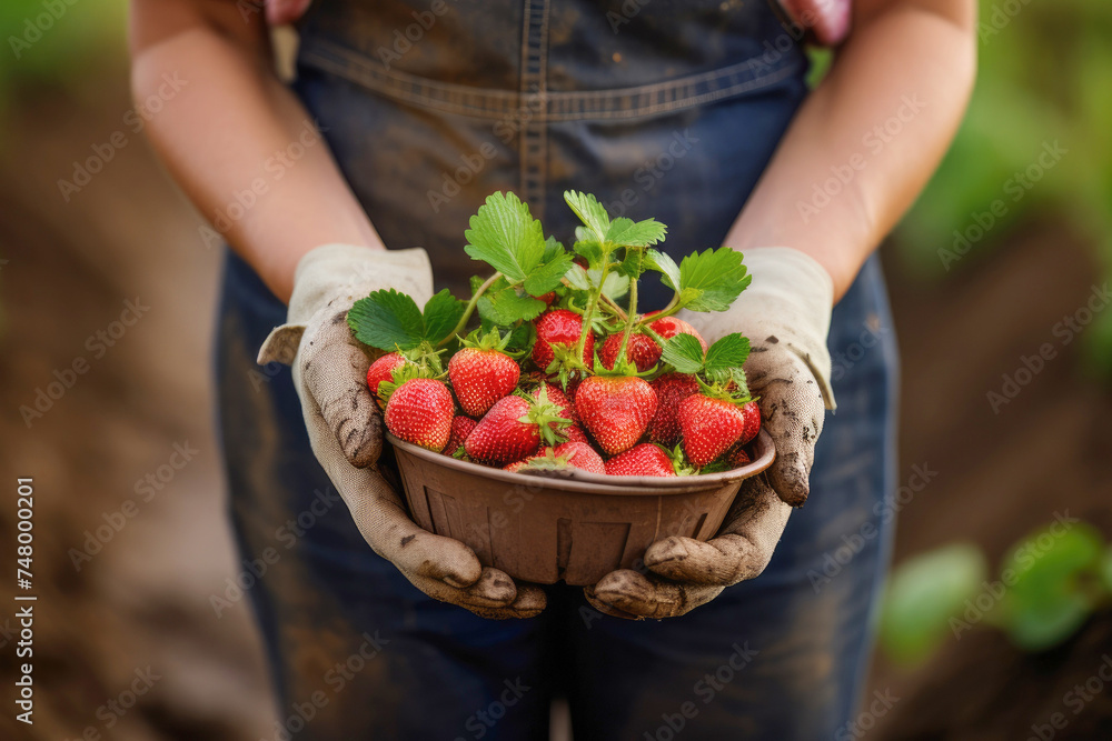 Farmer holding freshly harvested strawberries. Organic crop and agricultural business concept - obrazy, fototapety, plakaty 