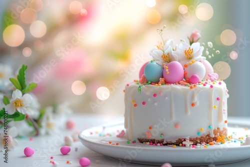 Bright delicious Easter cake with icing  sprinkles  colored eggs  flowers  candy decorations  festive blurred background. Copy space. Tasty baking concept  culinary workshop. Confectionery  catering.