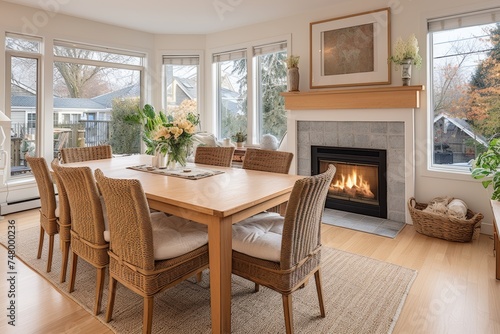 Luxurious dining room with elegant table setting, large windows, and cozy fireplace © Mikki Orso