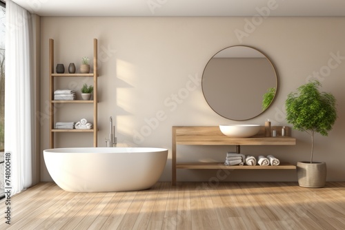 Elegant bathroom with white and beige walls, basin, mirror, bathtub, shower, plants, parquet floor