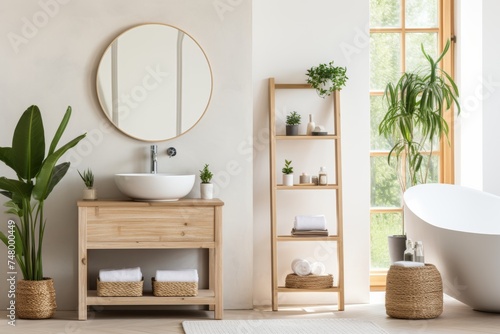 Elegant bathroom with white walls, basin, oval mirror, bathtub, shower, plants, parquet floor © Mikki Orso