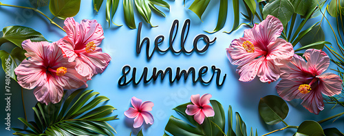 Floral summer bright banner with the inscription "hello summer". Summer, vacation, background.