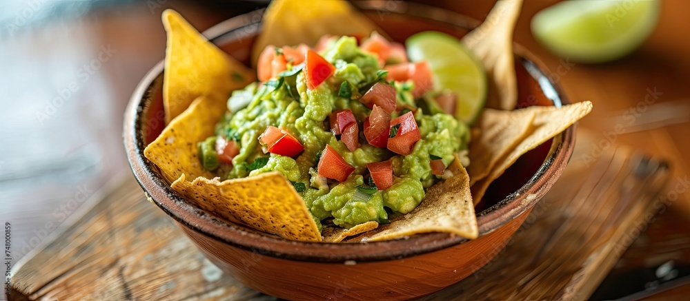 A bowl filled with handmade guacamole sauce sits next to Mexican nachos on a wooden table. The tortilla chips are ready to scoop up the creamy avocado dip.