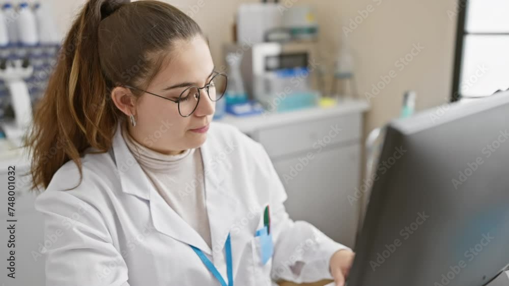 A young hispanic woman scientist working focusedly with a computer in a laboratory setting, showcasing professionalism and research. A young hispanic woman scientist working focusedly with a computer in a laboratory setting, showcasing professionalism and research.