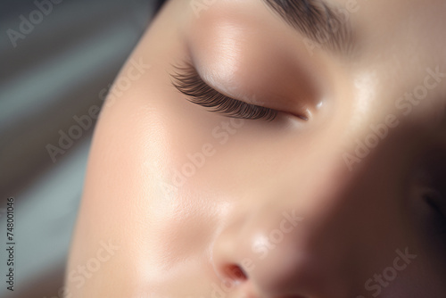 Close up of beautiful face. Glow skin with natural makeup. Part of face, highlighter, shimmer. Make up and cosmetology concept. Portrait of young woman with closed eyes.