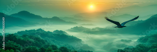 Mountain Landscape in Fog, Sunrise Over Forest, Scenic Nature View with Mist, Tranquil Morning Atmosphere