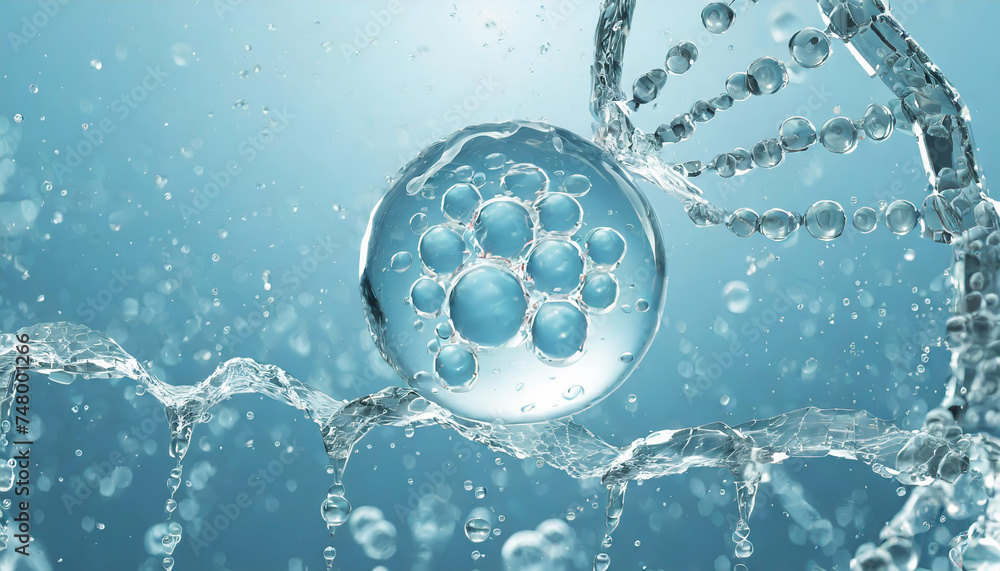 Liquid bubble, a molecule inside a liquid bubble against a background of splashing water DNA - obrazy, fototapety, plakaty 