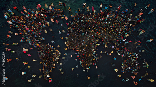 A group of people in the form of a world map. Population. Globalization. People from different countries. photo
