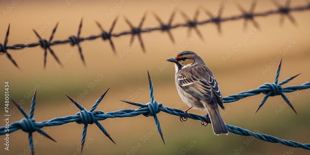 Bird on a Barbed Wire Fence. Freedom concept. Bird on a Barbed Wire Fence. Freedom concept.