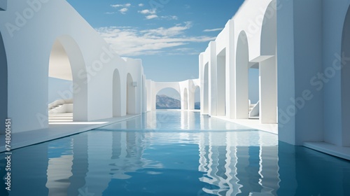 a pool with arches and a mountain in the background © TONSTOCK