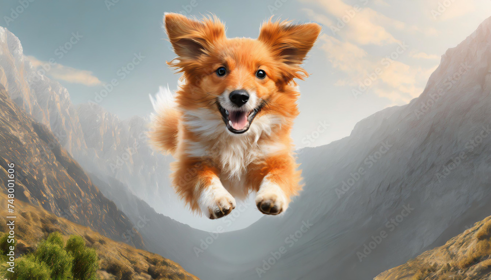 Dog jumping in the air, small orange fluffy dog on isolated backgroun, animals, pet, hungry, playing, puppy wanting food, puppy. - obrazy, fototapety, plakaty 