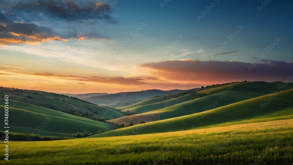 Mountain Sunset Landscape with Sky, Nature, and Green Fields Mountain Sunset Landscape with Sky, Nature, and Green Fields