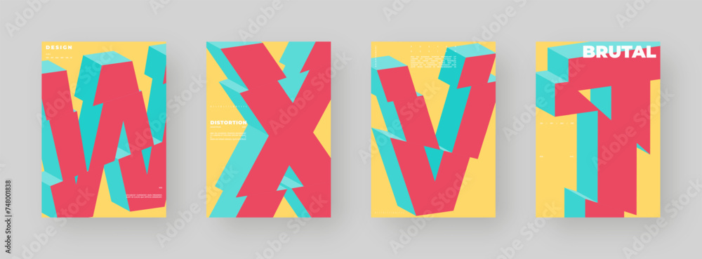 Abstract poster set, colorful cover design collection. Vertical A4 format. Refraction and distorted 3d letter. Chopped, cut, glitch, broken type composition. Abstract poster set, colorful cover design collection. Vertical A4 format. Refraction and distorted 3d letter. Chopped, cut, glitch, broken type composition.