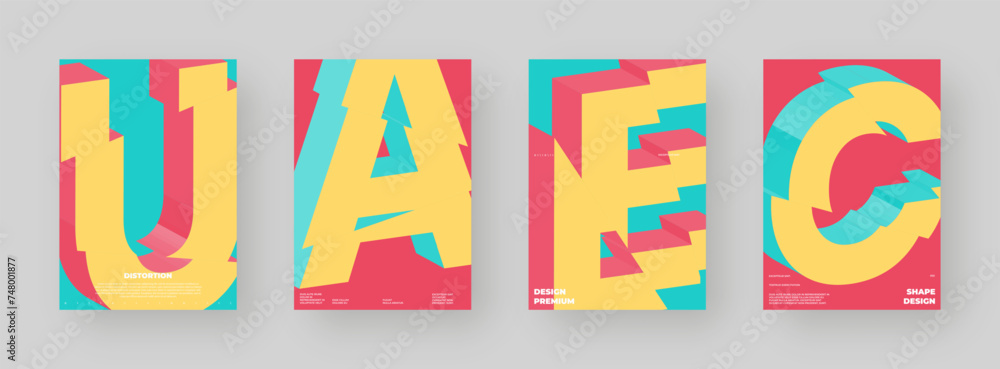 Abstract poster set, colorful cover design collection. Vertical A4 format. Refraction and distorted 3d letter. Chopped, cut, glitch, broken type composition. Abstract poster set, colorful cover design collection. Vertical A4 format. Refraction and distorted 3d letter. Chopped, cut, glitch, broken type composition.