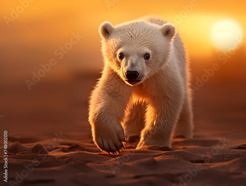 a polar bear walking on sand